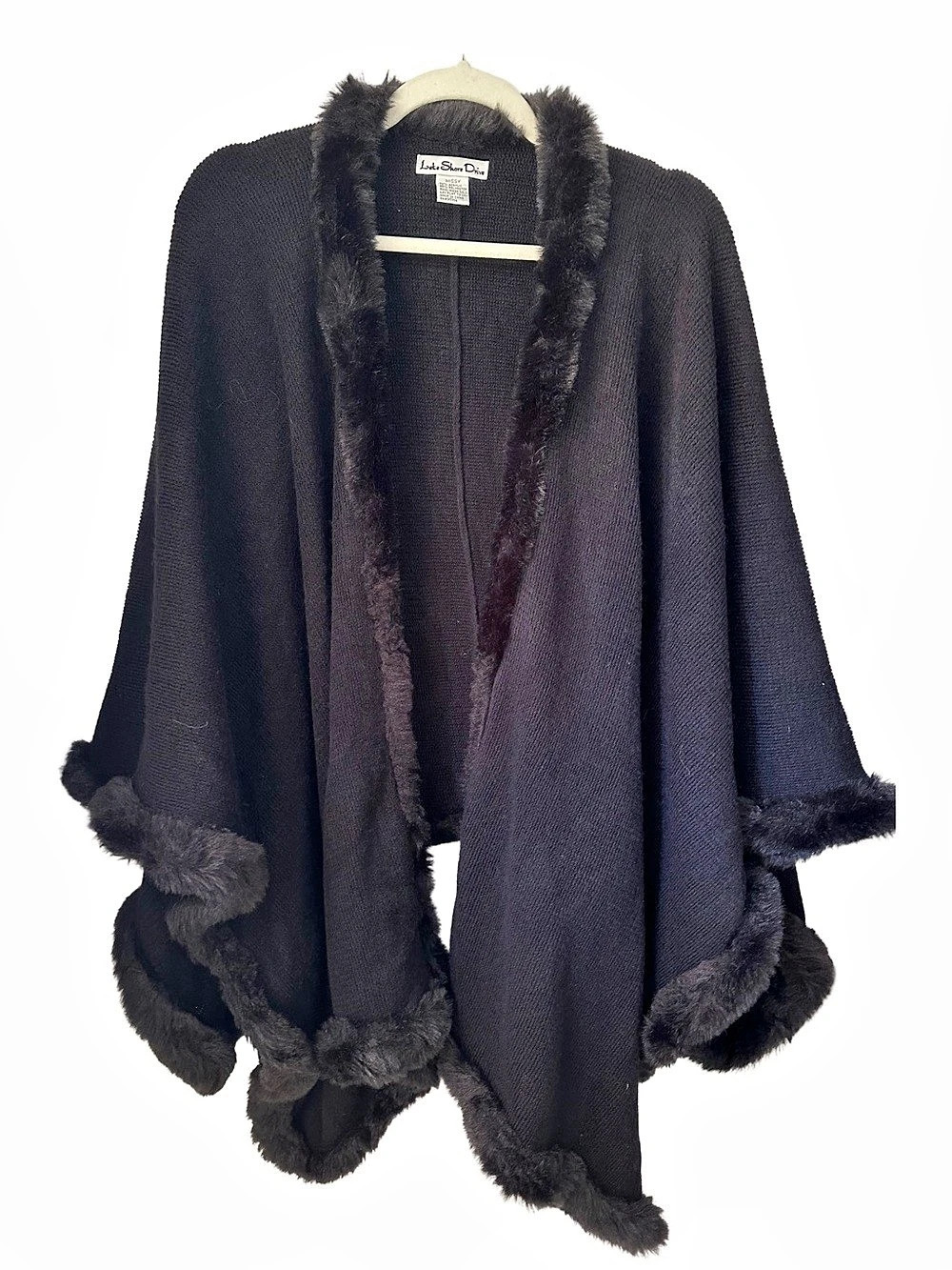 Black Faux Fur Trim Knit Cape Cardigan